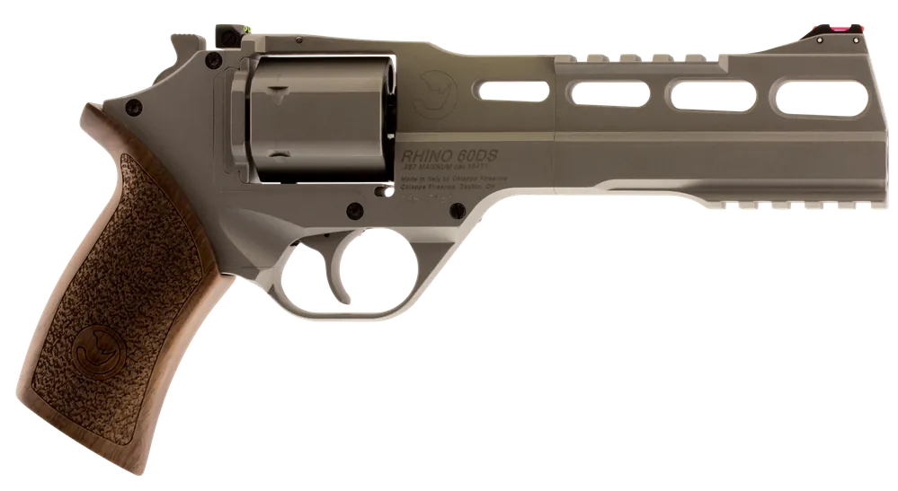 Chiappa Firearms CF340249 Rhino 60SAR *CA Compliant 357 Mag Caliber with 6" Picatinny Rail/Vent Barrel, 6rd Capacity Cylinder, Nickel-Plated Metal Finish & Walnut Grip