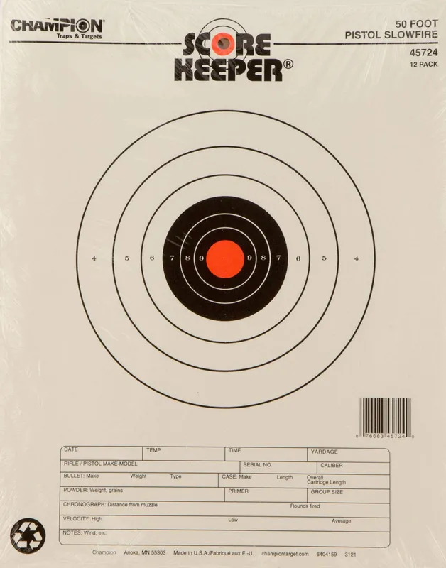 Champion Targets Score Keeper Slow Fire Bullseye Paper Hanging 50 yds Pistol 11" x 16" Black/Orange 12 PK