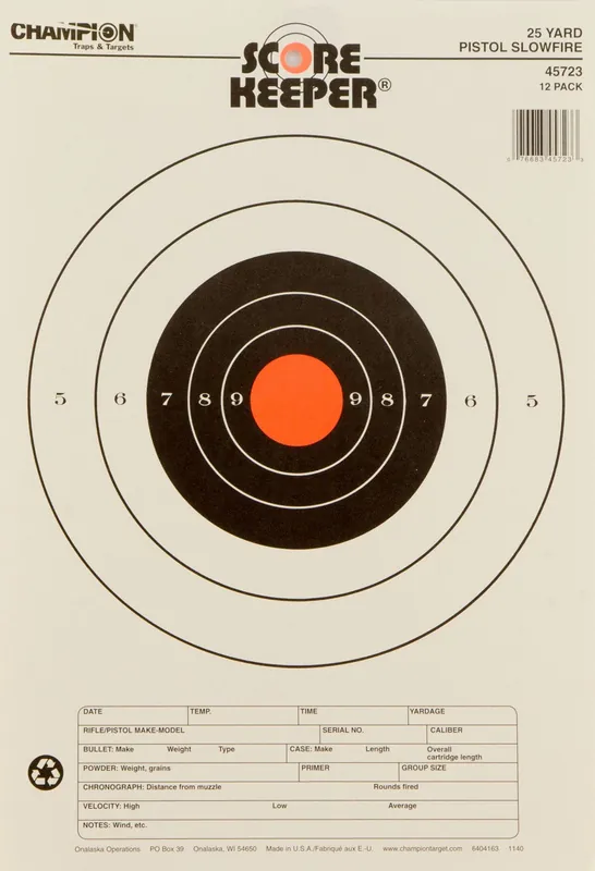 Champion Targets Score Keeper Slow Fire Bullseye Paper Hanging 25 yds Pistol 11" x 16" Black/Orange 12 PK