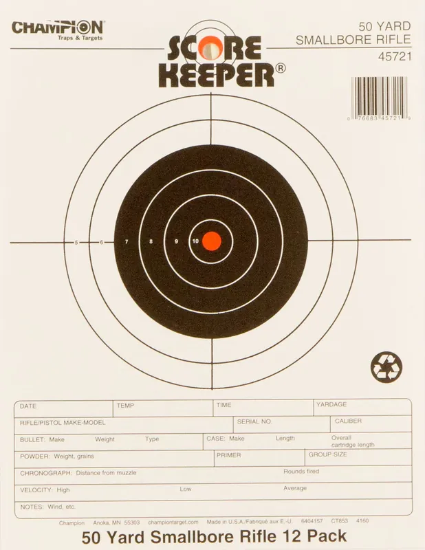Champion Targets Score Keeper Bullseye Paper 50 yds Small Bore Rifle 8.50" x 11" Black/Orange 12 PK