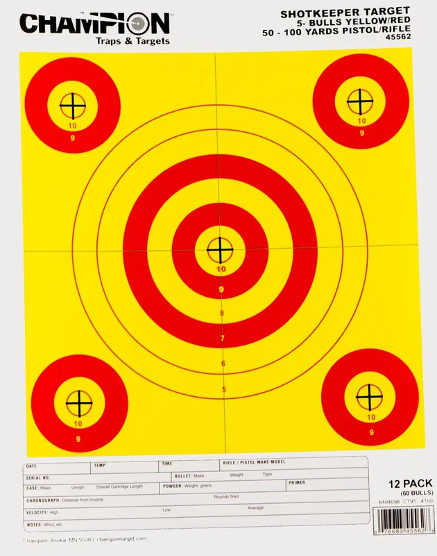 Champion Targets Shotkeeper 5-Bullseye 50-100 yds Pistol/Rifle Yellow/Red 12 PK