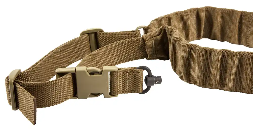 Blue Force Gear Sling made of Coyote Tan Cordura with 35"-55" OAL, 2" W, Padded Bungee Single-Point Design & Push Button Adaptor for AR Platform