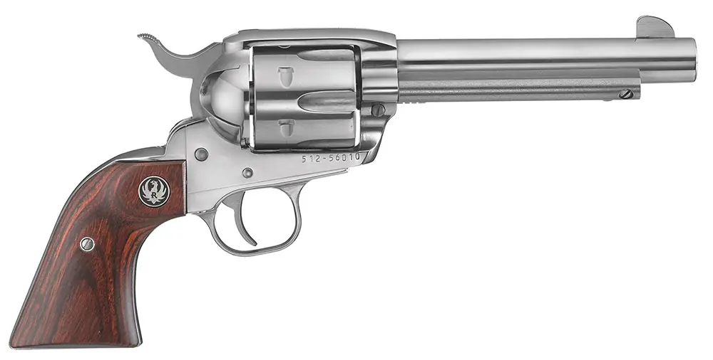 Ruger Vaquero 45 Colt (LC) 4.62" Revolver Barrel 6rd Cylinder, High Gloss Stainless Steel, Hardwood Grip, Transfer Bar Safety 5105