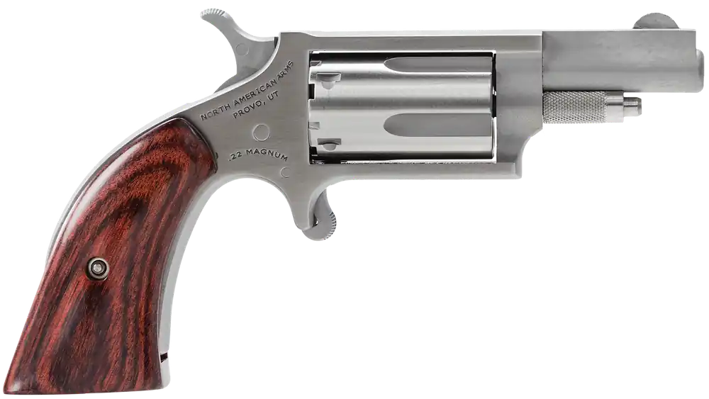 North American Arms 22MSGBG Mini-Revolver 22 WMR Caliber with 1.13" Barrel, 5rd Capacity Cylinder, Overall Stainless Steel Finish & Wood Boot Grip