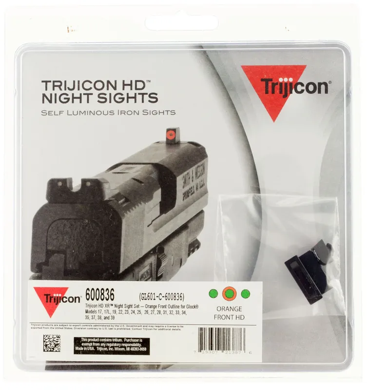 Trijicon HD XR Night Sight Set 3-Dot Tritium Green with Orange Outline Front, Green with Black Outline Rear Black Frame for Most Glock (Except MOS Variants)
