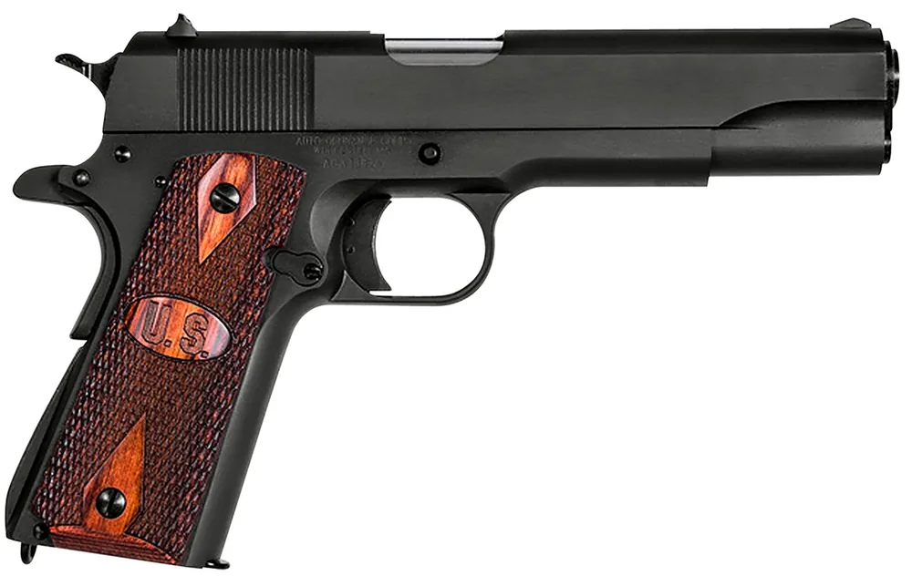 Auto-Ordnance 1911-A1 GI Spec 45 ACP Caliber with 5" Barrel, 7+1 Capacity, Matte Black Finish Carbon Steel Frame & Slide with Integrated US Logo Checkered Wood Grip