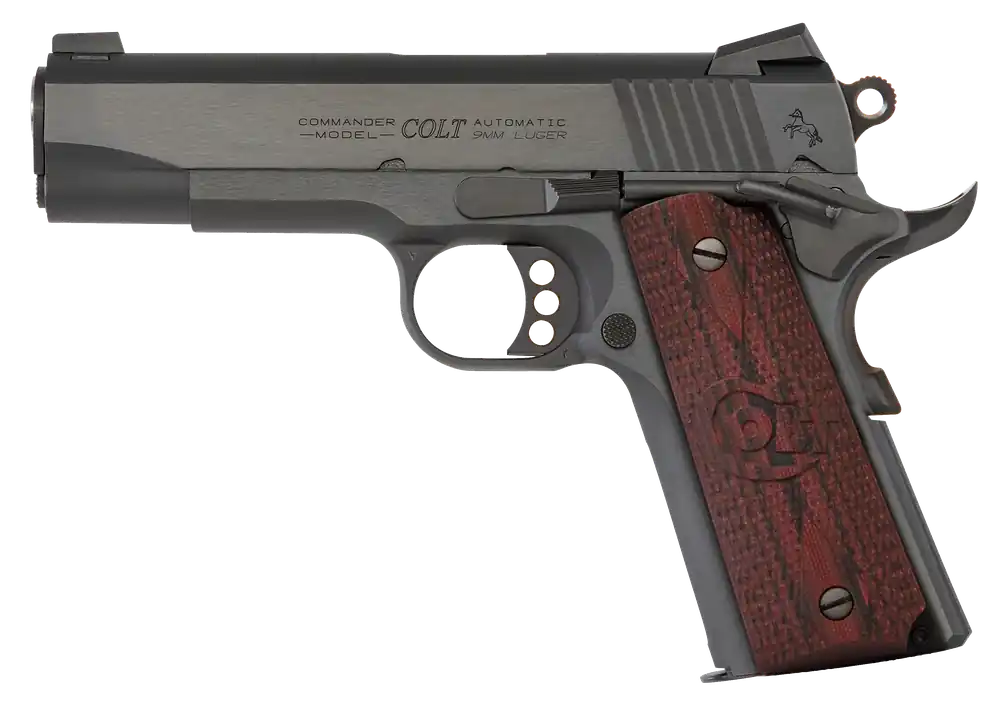 Colt Commander Combat 9mm 9+1 4.25" Black SS Barrel Blued Steel Slide/Frame Novak Sights Thumb Safety G10 Grips SAO O4942XE