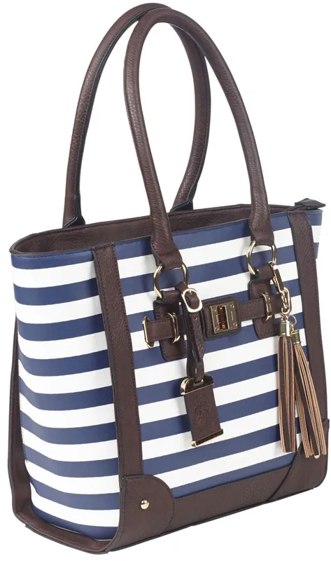 Bulldog Tote Purse w/Holster Navy Stripe Leather Most Sm Pistols & Revolvers RH