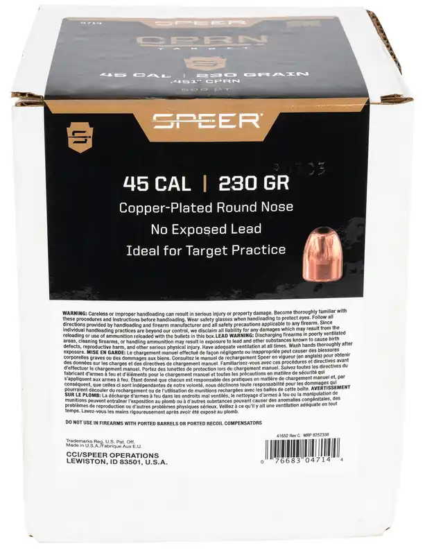 Speer Handgun 45 Cal .454 230 gr Round Nose (RN) 500 Per Box