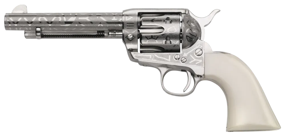 Taylors & Company 200061 1873 Cattle Brand 45 Colt (LC) Caliber with 5.50" Barrel, 6rd Capacity Cylinder, Overall Nickel-Plated Engraved Finish Steel & Ivory Synthetic Grip