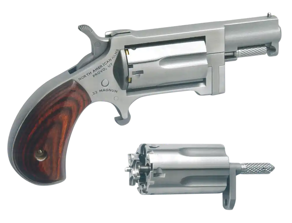 North American Arms SWC Sidewinder 22 LR or 22 WMR Caliber with 1.50" Barrel, 5rd Capacity Cylinder, Overall Stainless Steel Finish & Rosewood Birdshead Grip Includes Cylinder