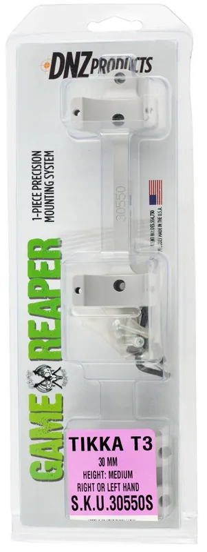 DNZ Game Reaper Scope Mount/Ring Combo For Rifle Tikka T3/T3x 30mm Tube Medium Rings 1.06" Mount Height Silver Aluminum