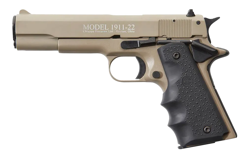 Chiappa 1911-22 .22LR 10+1 5" Steel Barrel/Slide Zinc Alloy Frame Fixed Sights Thumb Safety Hogue Wraparound Grip Tan 401.120