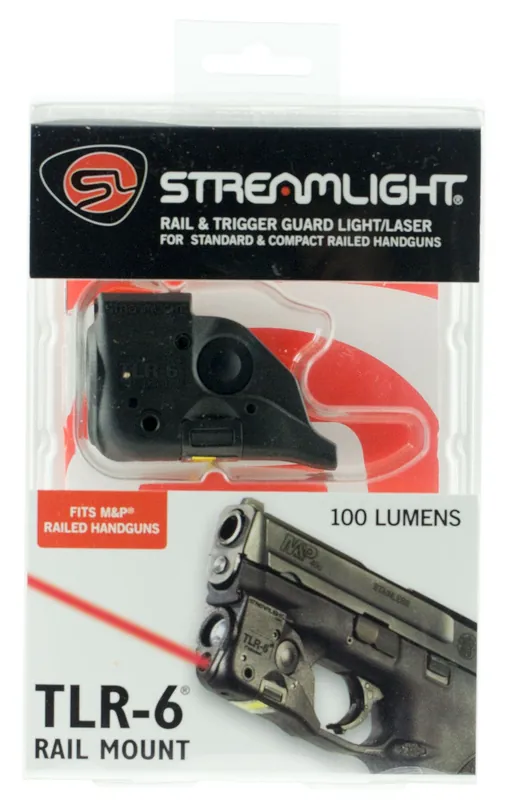 Streamlight TLR-6 Weapon Light w/Laser For Handgun 100 Lumens Output White LED Light Red Laser 89 Meters Beam Trigger Guard Mount Black Polymer