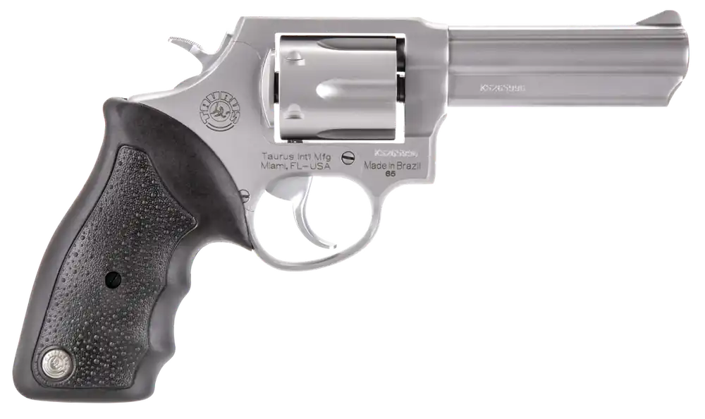 Taurus 2-650049 65 38 Special +P or 357 Mag Caliber with 4" Barrel, 6rd Capacity Cylinder, Overall Matte Finish Stainless Steel, Finger Grooved Black Rubber Grip & Fixed Sights