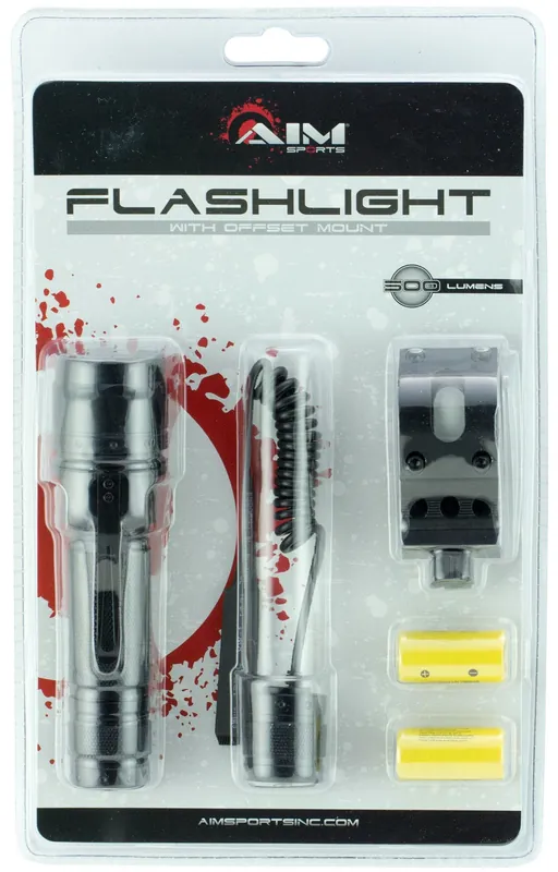 Aim Sports Flashlight For Rifle/Handgun 500 Lumens Output White Cree LED Light Offset Weaver Style Mount Mount Black Anodized Aluminum