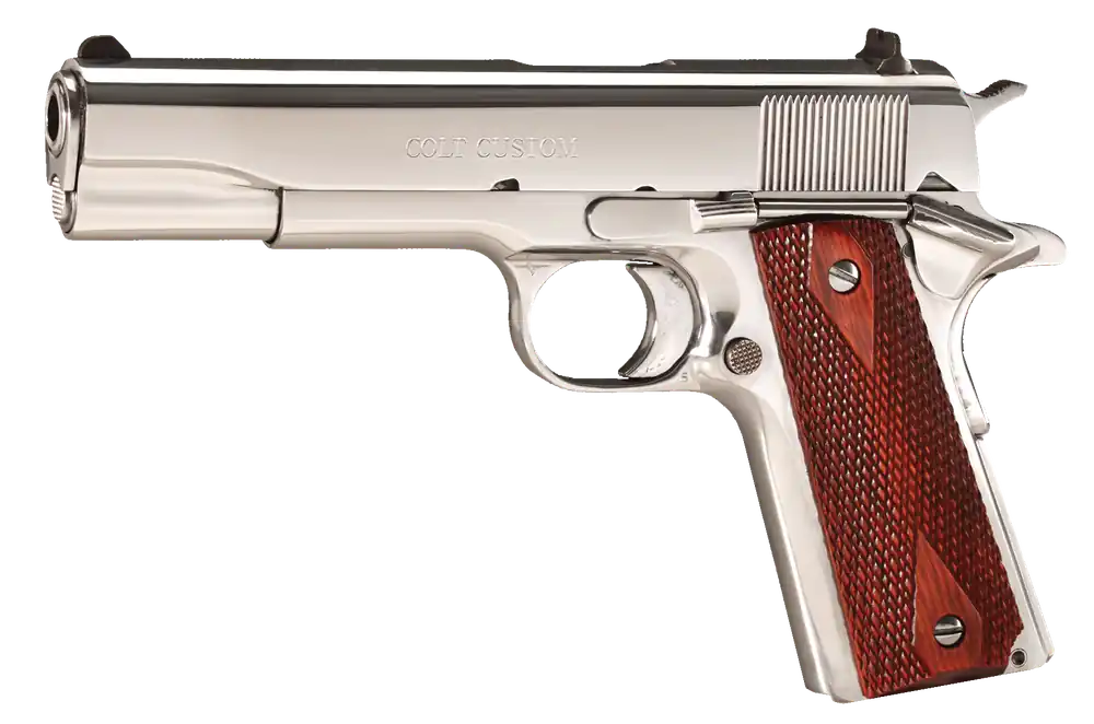 Colt Mfg 1991 Government .38Super 5" 9+1 Polished Stainless Steel Rosewood Grip Thumb Safety Series 80 O2071ELC2
