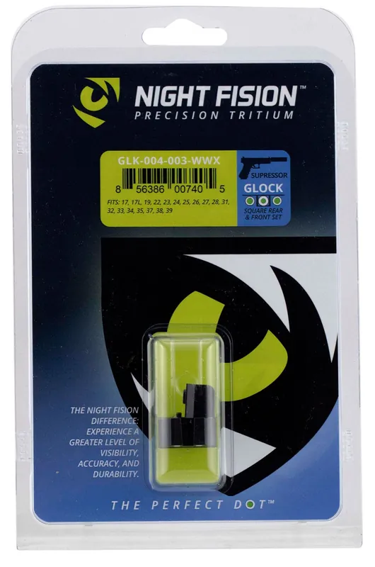 Night Fision Perfect Dot Suppressor Height Set Square Tritium Green with White Outline Front & Rear Black Frame for Most Glock