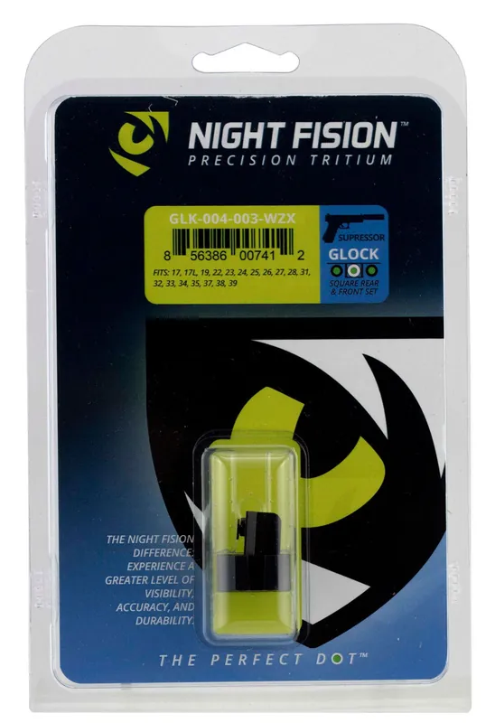 Night Fision Perfect Dot Suppressor Height Set Square Tritium Green with White Outline Front, Green with Black Outline Rear Black Frame for Most Glock