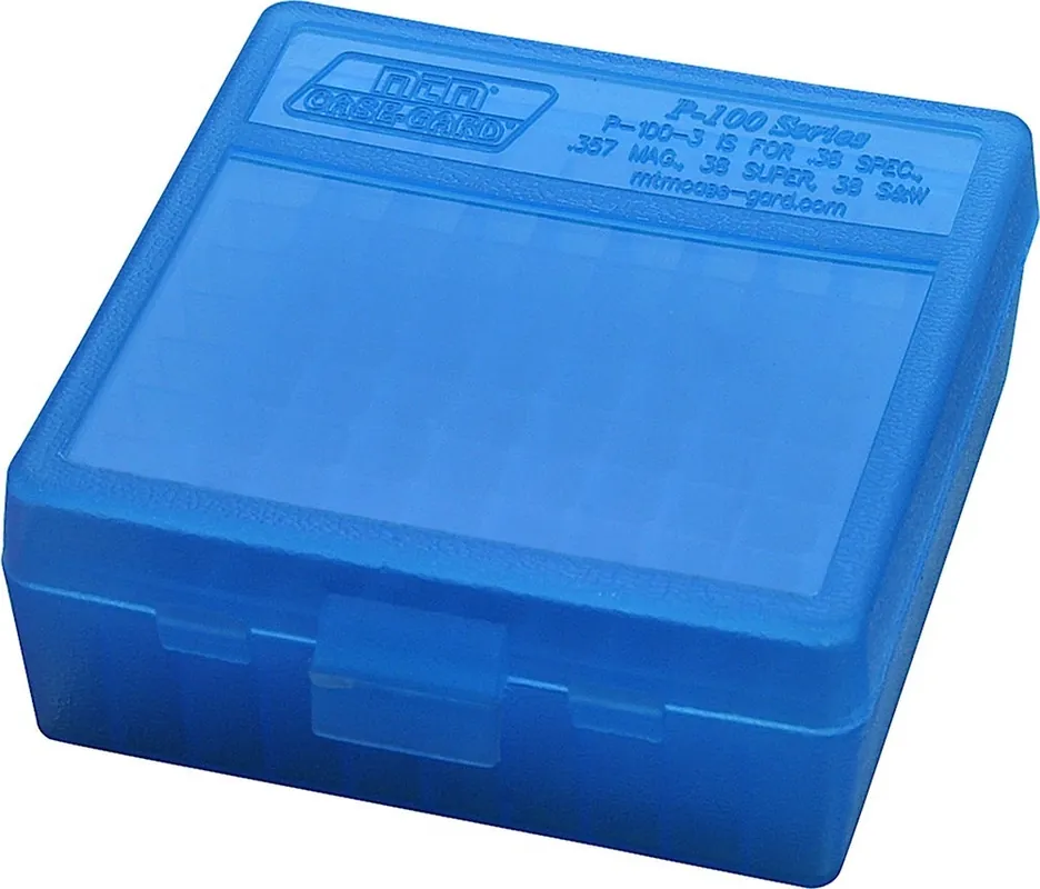 MTM Case-Gard Ammo Box Flip-Top P-100 357 Mag Handgun Clear Blue Polypropylene 100rd