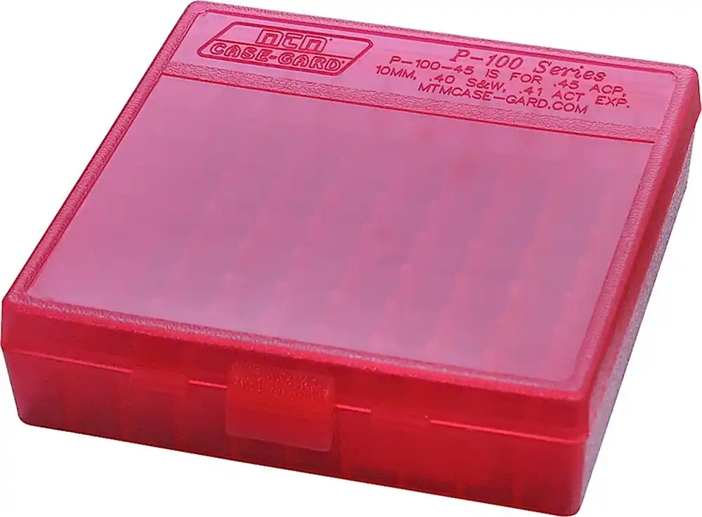 MTM Case-Gard Ammo Box Flip-Top, 100rd Multi-Caliber Handgun Clear Red Polypropylene 100rd