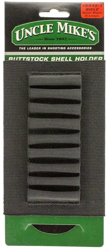 Uncle Mike‘s Buttstock Shell Holder Nylon with Black Finish & Sewn-On Elastic Loops