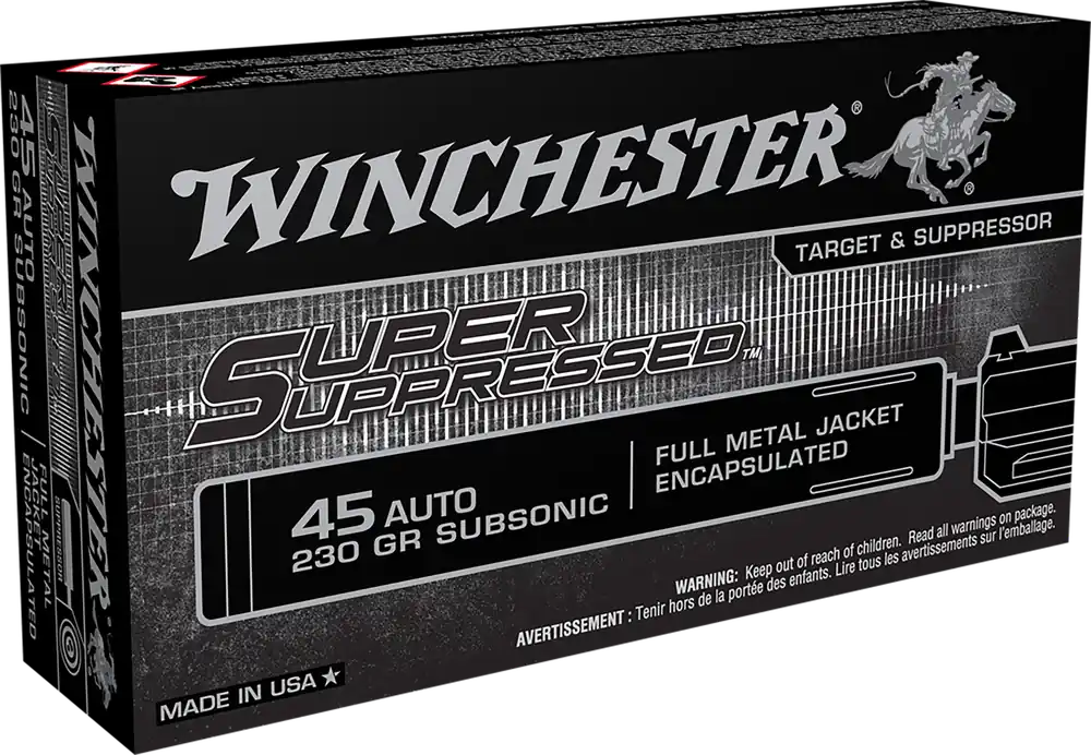 Winchester Ammo Super Suppressed 45 ACP Subsonic 230 gr Encapsulated Full Metal Jacket 50 Bx/10 Cs