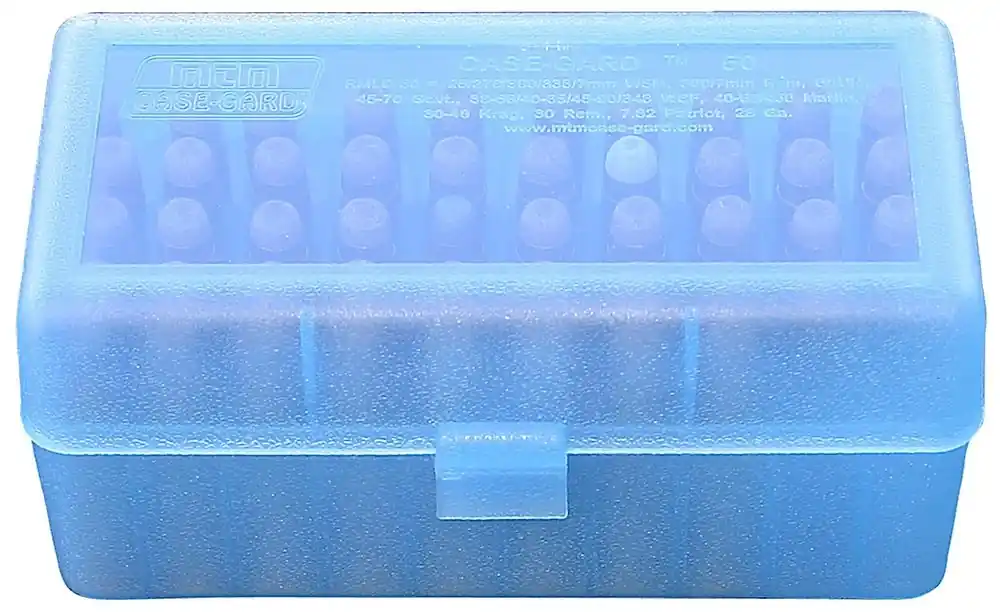 MTM Case-Gard Ammo Box Flip-Top R-50 Multi-Caliber/28 Gauge Rifle/Shotgun Clear Blue Polypropylene 50rd