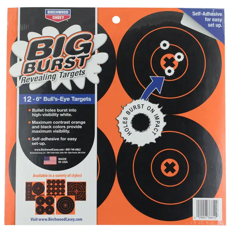 Birchwood Casey Big Burst Self-Adhesive Paper Black/Orange 6" Bullseye 12 PK