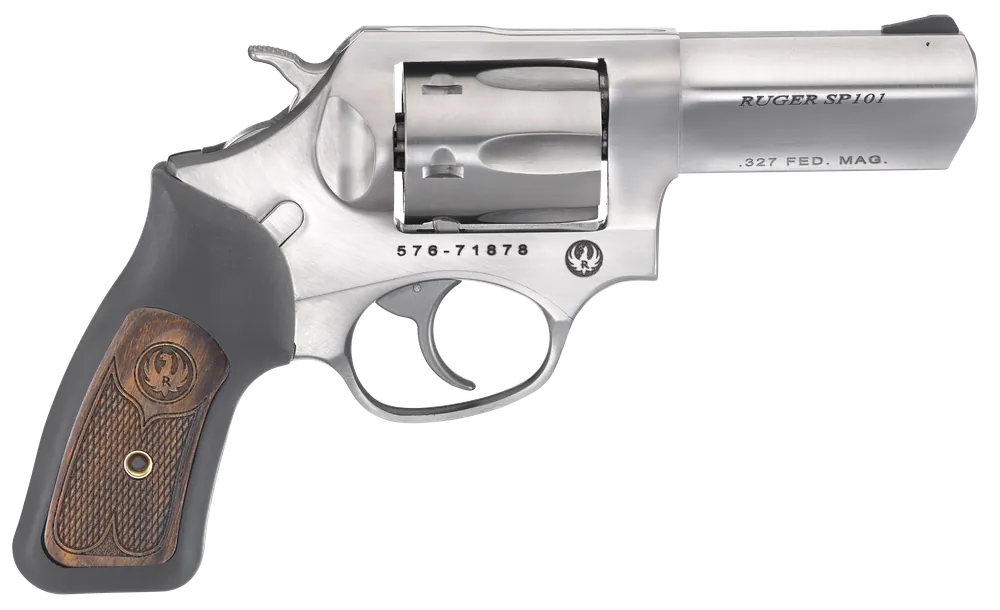 Ruger 5784 SP101 Standard 327 Federal Mag Caliber with 3" Barrel, 6rd Capacity Cylinder, Overall Satin Stainless Steel Finish & Black Rubber with Wood Insert Grip