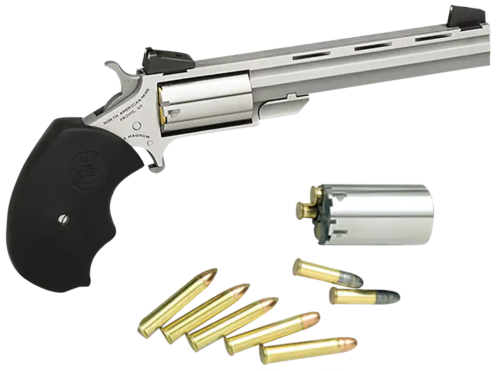 North American Arms MMTC Mini-Master *CA Compliant 22 LR,22 Mag 5rd 4" Overall Stainless Steel with Black Rubber Grip & Adj Sights