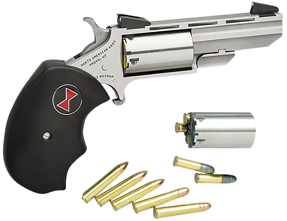 North American Arms BWC Black Widow 22 LR,22 Mag 5rd 2" Overall Stainless Steel with Black Oversized Rubber Grip & Fixed Sights