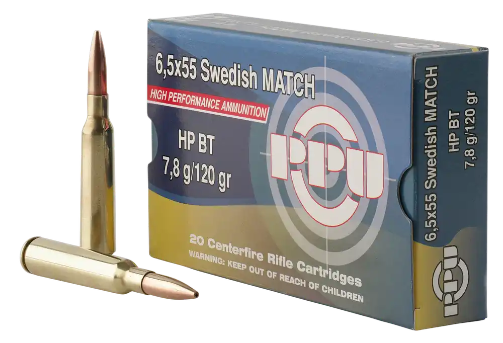 PPU Match 6.5x55 Swedish 120 gr Hollow Point Boat-Tail (HPBT) 20 Bx