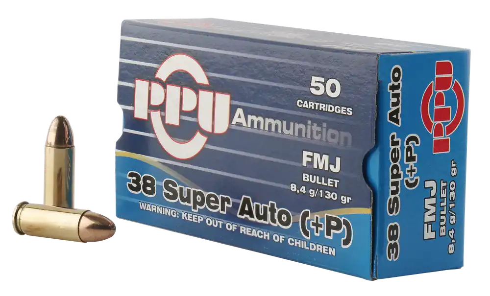 PPU Handgun 38 Super +P 130 gr Full Metal Jacket (FMJ) 50 Bx/ 10 Cs