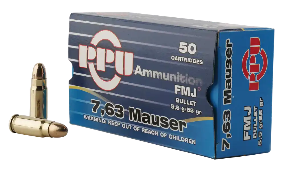 PPU Standard Rifle 7.63mm Mauser 85 gr Full Metal Jacket (FMJ) 50 Bx/ 10 Cs