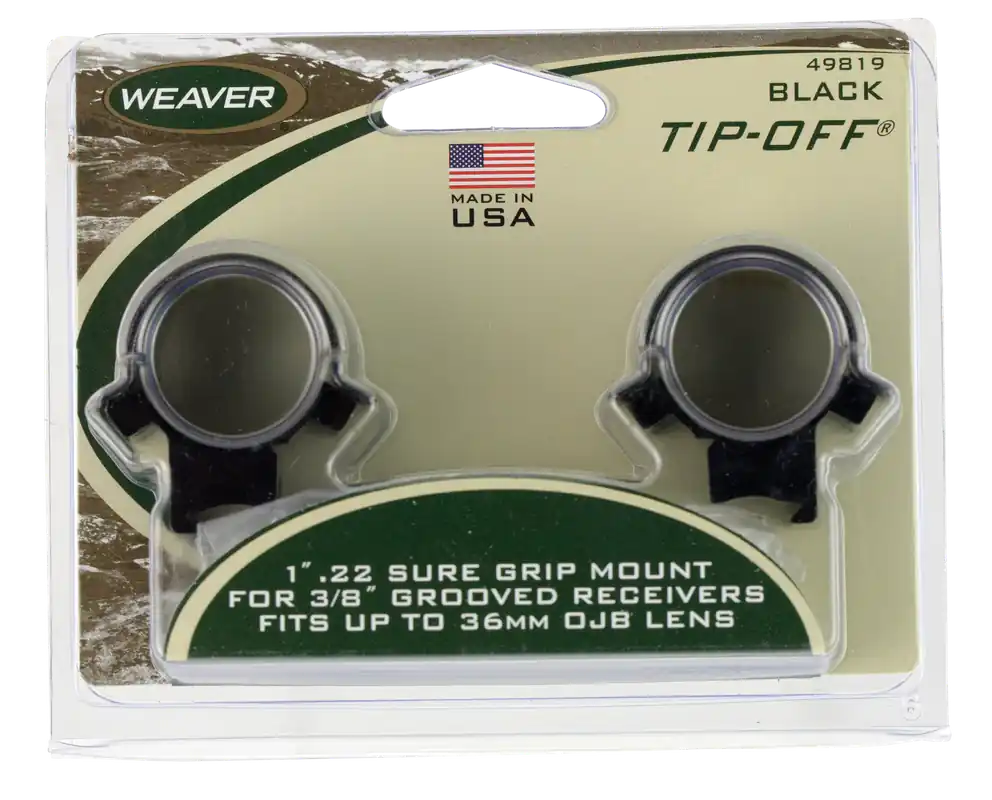 Weaver Mounts 49819 Tip-Off Scope Ring Set For Rifle .22 Airgun/Rimfire 3/8" Grooved Receiver 1" Tube Black Steel