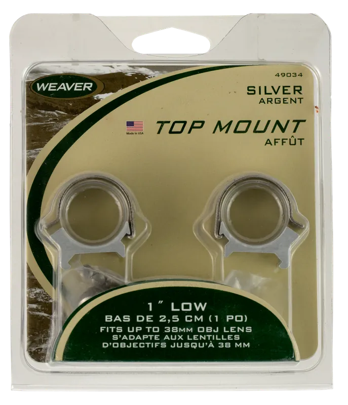 Weaver Mounts 49033 Top Mount Scope Ring Set Quick Detach For Rifle High 1" Tube Silver Steel