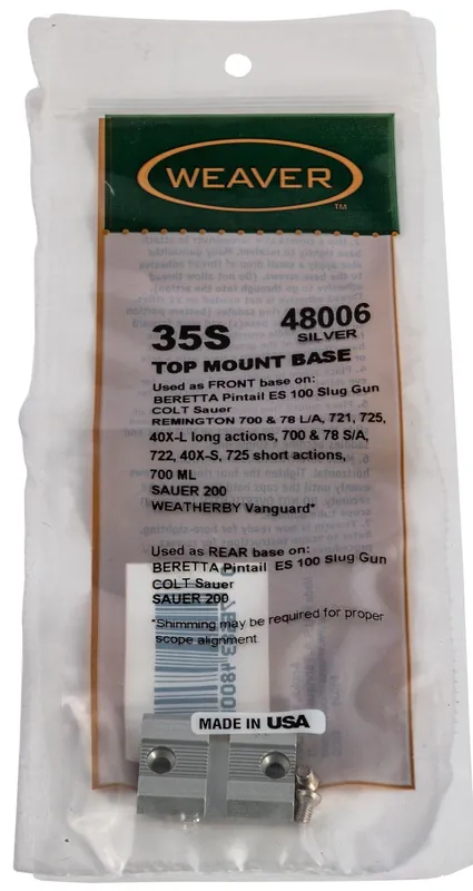 Weaver Mounts Top Mount Base For Rifle BSA/Colt/ Beretta/Moss/Rem/Wthby Silver Aluminum