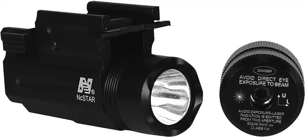 NcStar Green Laser/Flashlight For Universal w/Accessory Rail 150 Lumens/5mW Output, White Cree LED Light/Green Laser QR Weaver/Picatinny Mount Black Anodized Aluminum