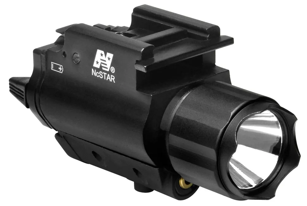 NcStar Flashlight/Laser Universal w/Accessory Rail 200 Lumens/5mW Output, White Cree LED Light/Red Laser QR Weaver/Picatinny Mount Black Anodized Aluminum