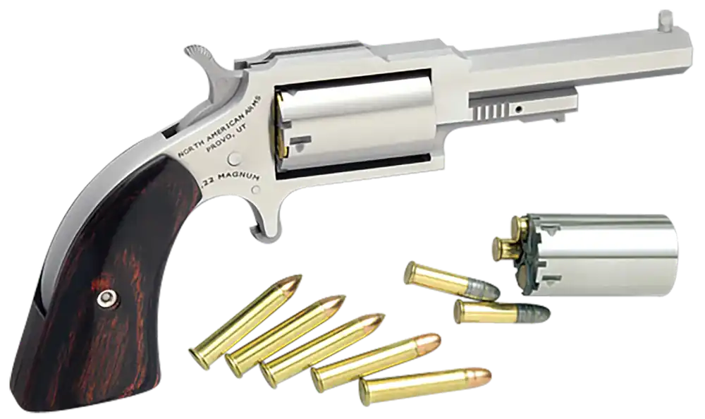 North American Arms 1860250C 1860 Sheriff 22 LR or 22 WMR Caliber with 2.50" Barrel, 5rd Capacity Cylinder, Overall Stainless Steel Finish & Rosewood Boot Grip Includes Cylinder