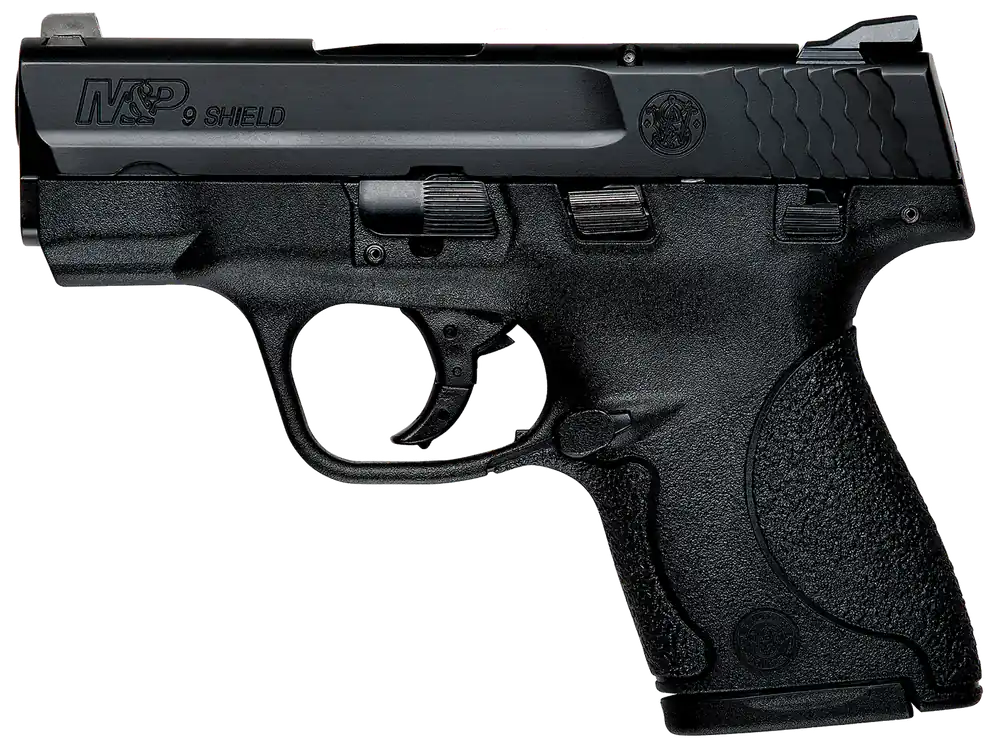 S&W M&P Shield 9mm 3.10" 7+1 or 8+1 Black Polymer Frame Black Armornite SS Slide Thumb Safety CA Compliant 187021