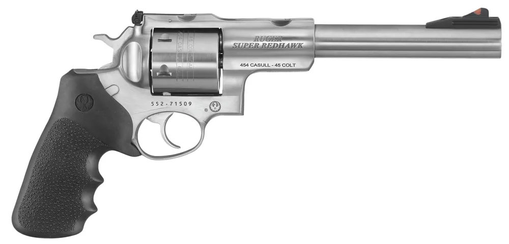 Ruger 5507 Super Redhawk 480 Ruger Caliber with 7.50" Integrated Base Barrel, 6rd Capacity Cylinder, Overall Satin Finish Stainless Steel & Finger Grooved Black Hogue Monogrip Grip