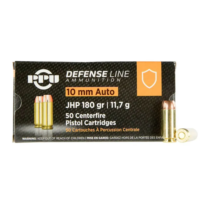 PPU Defense 10mm Auto 180 gr Jacketed Hollow Point (JHP) 50/box