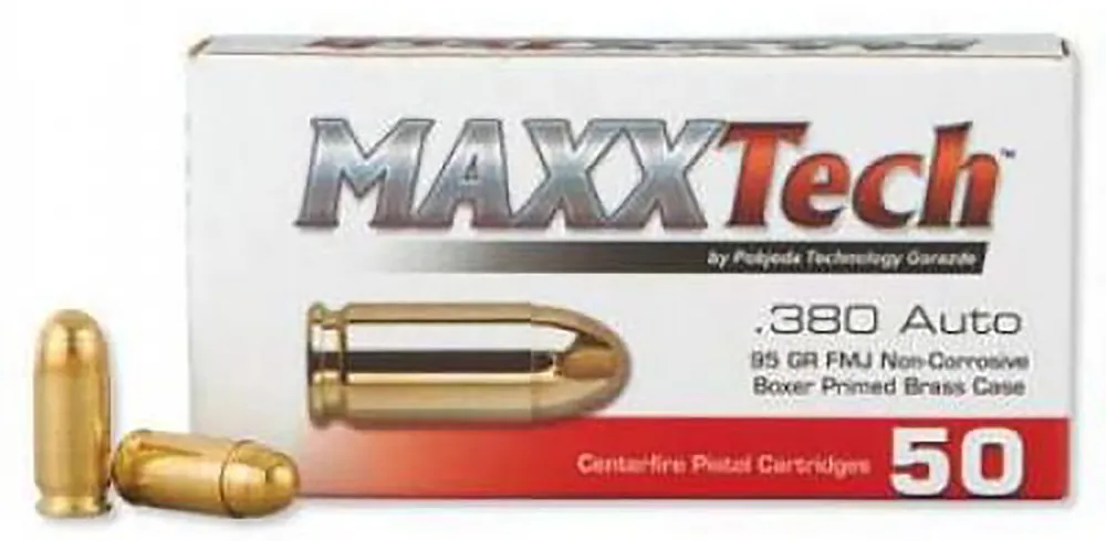 MaxxTech Brass Pistol 380 ACP 95 gr Full Metal Jacket 50 Per Box PTGB380B