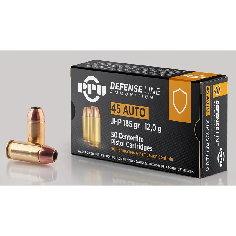 PPU Defense 45 ACP 185 gr Jacketed Hollow Point (JHP) 50/Box