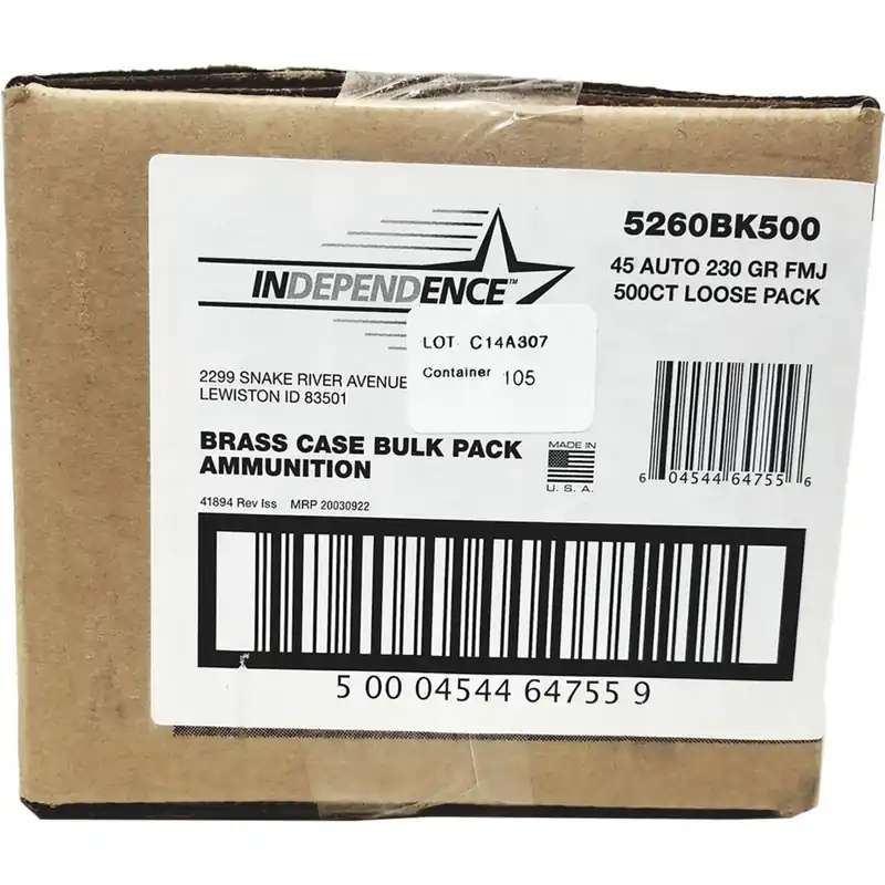 CCI Independence Bulk 45 ACP 230 Gr FMJ 500 Round Box 5260BK500