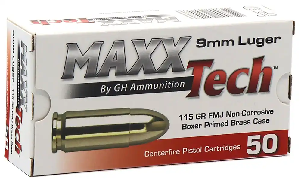 MaxxTech Brass Pistol 9mm Luger 115 gr Full Metal Jacket 50 Per Box PTGB9MMB