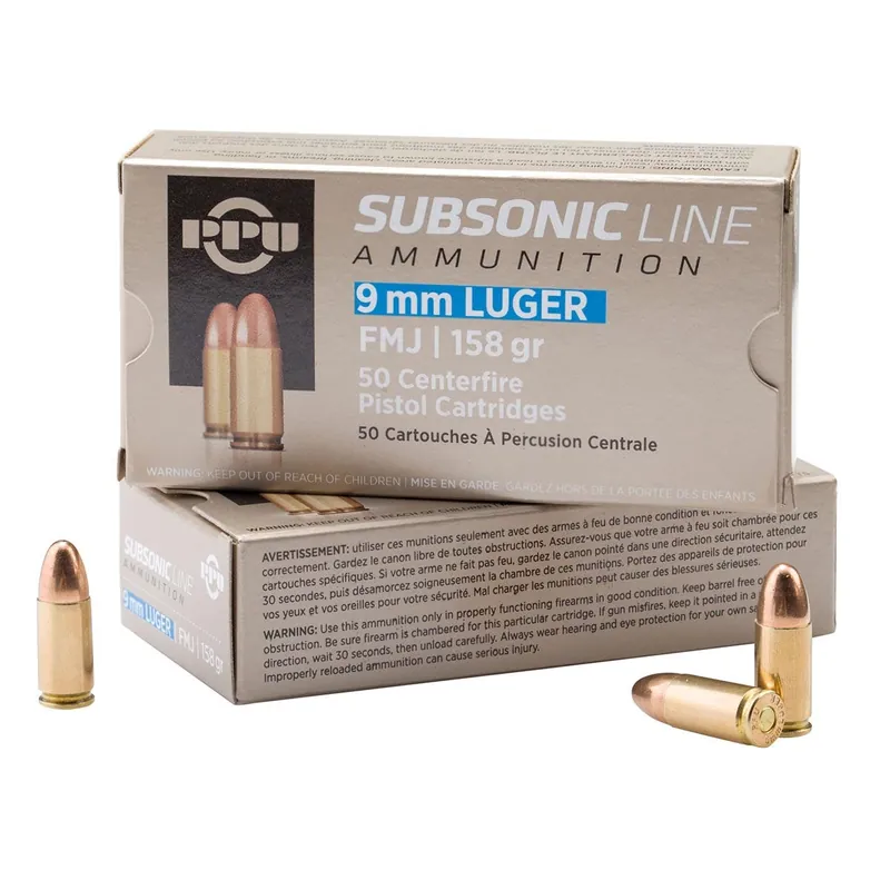 PPU Subsonic 9mm Luger Subsonic 158 gr Full Metal Jacket (FMJ) 50/Box