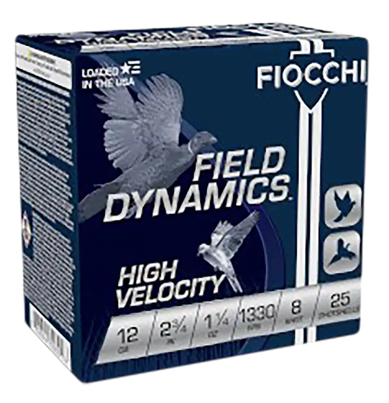 Fiocchi Field Dynamics High Velocity 12ga 2-3/4" 1-1/4oz 8 Chilled Lead Shot 25 Shells Per Box